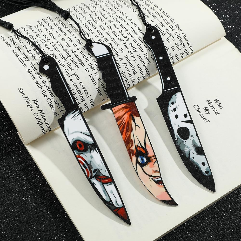 6PCS Horror Movie Dagger Acrylic Bookmarks - Durable Scary Knife Bookmark for Women or Men, Reading Accessories for Book Lovers, Spooky Halloween Gift (Knife Bookmarks)
