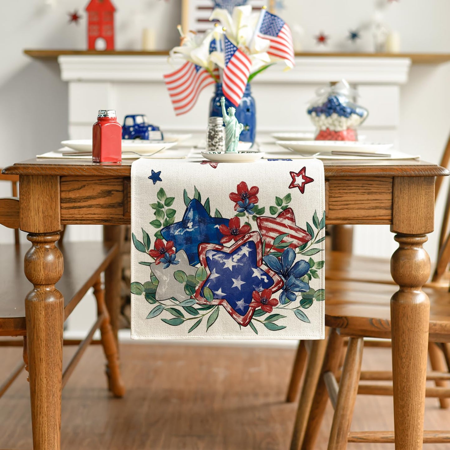 Artoid Mode Eucalyptus Flowers Stars Patriotic 4th of July Table Runner, Memorial Day Kitchen Dining Table Decoration for Home Party Decor 13x36 Inch