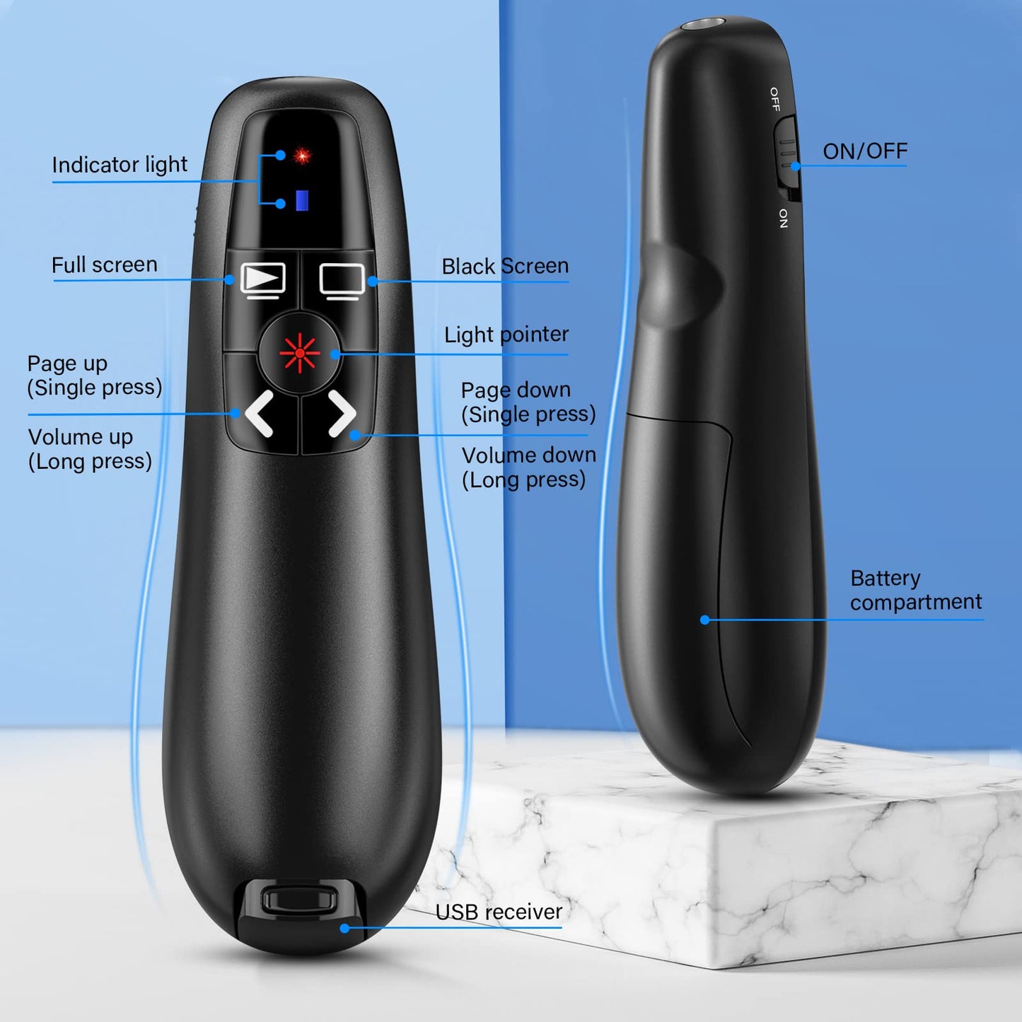 NinjaABXY Presentation Clicker Wireless Presenter Remote Clicker for PowerPoint Presentation, RF 2.4GHz USB PowerPoint Clicker Slide Advancer with Volume Control for Computer/Laptop/Mac