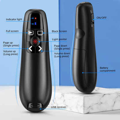 NinjaABXY Presentation Clicker Wireless Presenter Remote Clicker for PowerPoint Presentation, RF 2.4GHz USB PowerPoint Clicker Slide Advancer with Volume Control for Computer/Laptop/Mac