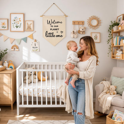 Baby Arrival Gift-Welcome to Our Planet Hello World- Canvas Hanging Pennant Flag Banner Wall Sign Decor Gifts for Nursery Baby Kids Girl Boy Teen Bedroom Playroom Decor- Birthday Christmas Presents