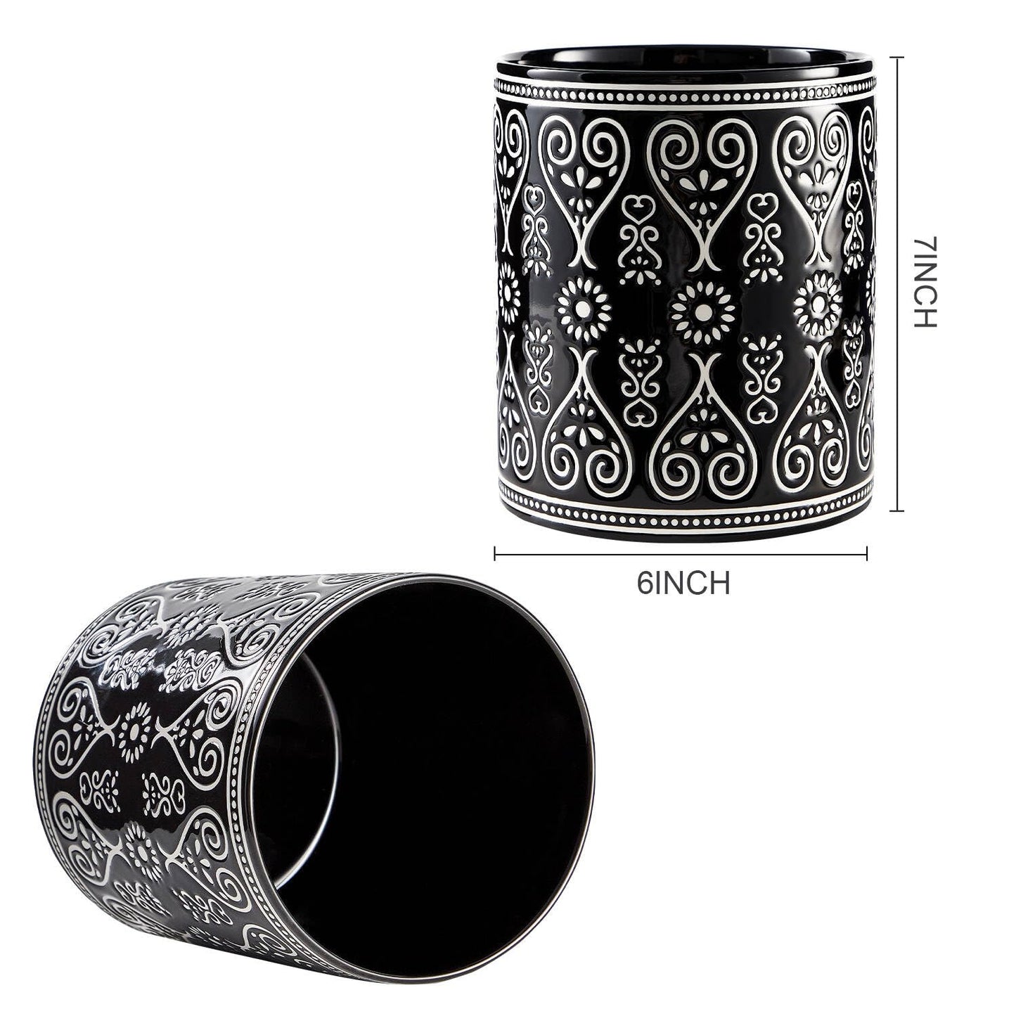 Delpnana Black Heavy Ceramic Utensil Holder, 7" Extra Large Kitchen Utensil Holder for Countertop, Cooking Ceramic Crock for Farmhouse Kitchen Decor