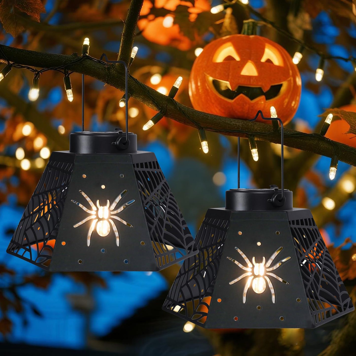 WONDER GARDEN Halloween Lantern Lights, 2 Pack Solar Hanging Spider Wed Lights, Metal Decorative Light for Outdoor Porch Yard Garden Tree Decor