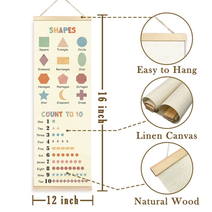 TAEDIN Boho Classroom Wall Art Poster Hanger Frame, Kids Room Wall Art with Wood Frames, Shapes Number 1 to 10 Educational Hanging Decor for Kids Boys Girls Toddler Room Bedroom Playroom, 12x35 Inches