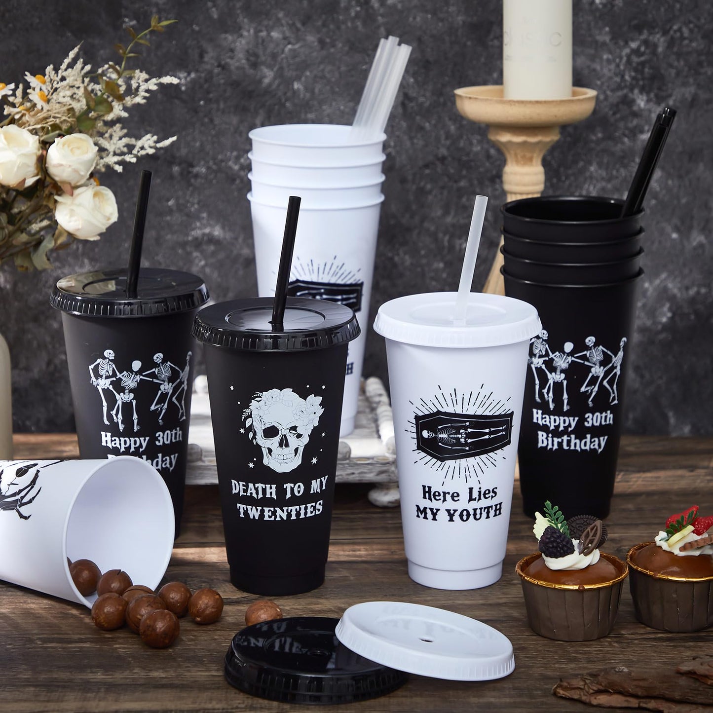 Uiifan 12 Pcs Gothic 30th Birthday Cups Death to My 20s Party Decorations Plastic Tumbler with Lid and Straw 24oz Reusable Cup Skull Design Happy Halloween Men Gifts Funny Supplies