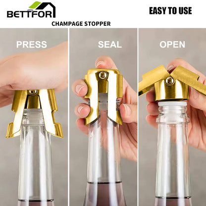 BETTFOR Champagne Stoppers with Stainless Steel Champagne Saver with Food Grade Silicone Leak proof Keep Fresh Suitable for Champagne, Cava, Prosecco and Sparkling(Gold, 6 Pack)