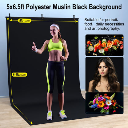 LINCO Lincostore 5x6.7ft Backdrop Stand, Portable Black Photo Backdrop Background with T-Shape Stand, Carry Bag, Spring Clamp for Photography Party Decoration Streaming Studio (Black Backdrop)