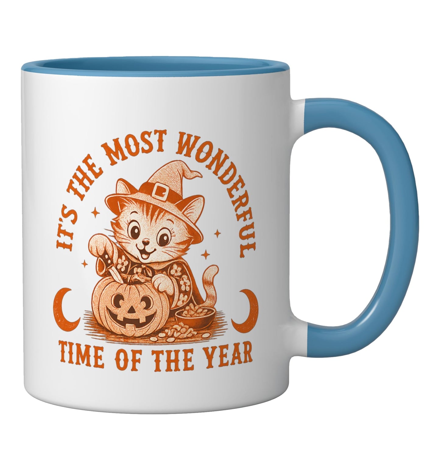 Cute Cat Carving Pumpkin Halloween Moon Witch Hat Vintage Ceramic Mug, Blue/White