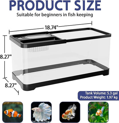 5.3 Gallon Fish Tank, 9 in 1 Betta Fish Tank, Aquarium with LED Full Spectrum 3 Color Light, 3 Modes Filter, Hydroponic Basket, Fishing Net, Shells, Aquatic Plant, Coral, Pebbles, Starter Kit (Black)