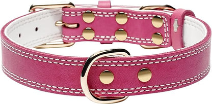 Genuine Leather Dog Collar, Heavy Duty Wide Dog Collar for Small, Medium,Large Dog and Extra Large Dog (S: 0.8" Wide for 13.4"-15.8" Neck, Dual Stitch - Pink)