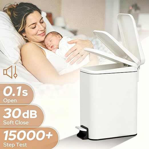 Small Bathroom Trash Can w/Lid Soft Close, 6 Liter/1.6 Gallon Stainless Steel Garbage Can w/Inner Bucket, Trash Bin Waste Basket for Kitchen, Bedroom, Living Room, Office, Toilet, White