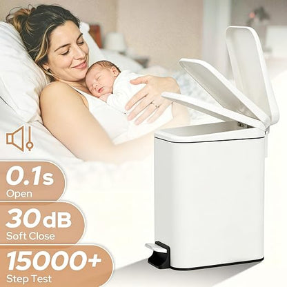 Small Bathroom Trash Can w/Lid Soft Close, 6 Liter/1.6 Gallon Stainless Steel Garbage Can w/Inner Bucket, Trash Bin Waste Basket for Kitchen, Bedroom, Living Room, Office, Toilet, White