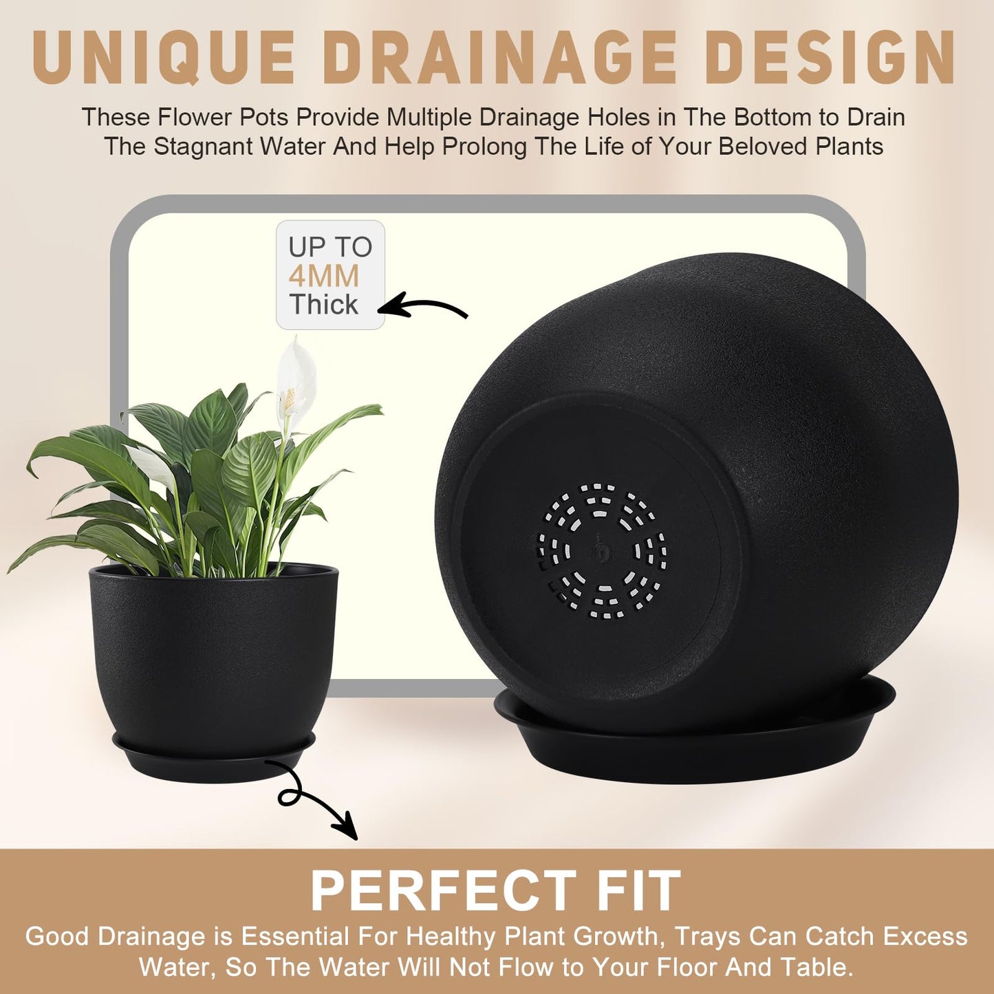 YNNICO Plant Pots 10/9/8/7.5/7 inch Set of 5,Flower Pots with Multi Mesh Drainage Holes, Large Planters for Indoor Outdoor Garden Plants and Flowers. (Black)