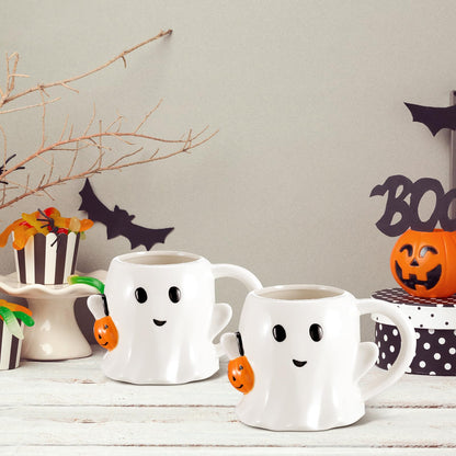 Yiyiring 2 Pcs 12 oz Halloween Ghost Mug Coffee Ceramic Boo Mug with Pumpkin Cute Ghost Face Cup with Handle for Halloween Party Decoration