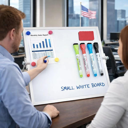MXG Magnetic White Board Dry Erase, 10x14 Inch Double Sided Small Whiteboard with Stand, Includes 4 Markers, 4 Magnets & Eraser, Portable for Desktop, Wall, Office, & Classroom
