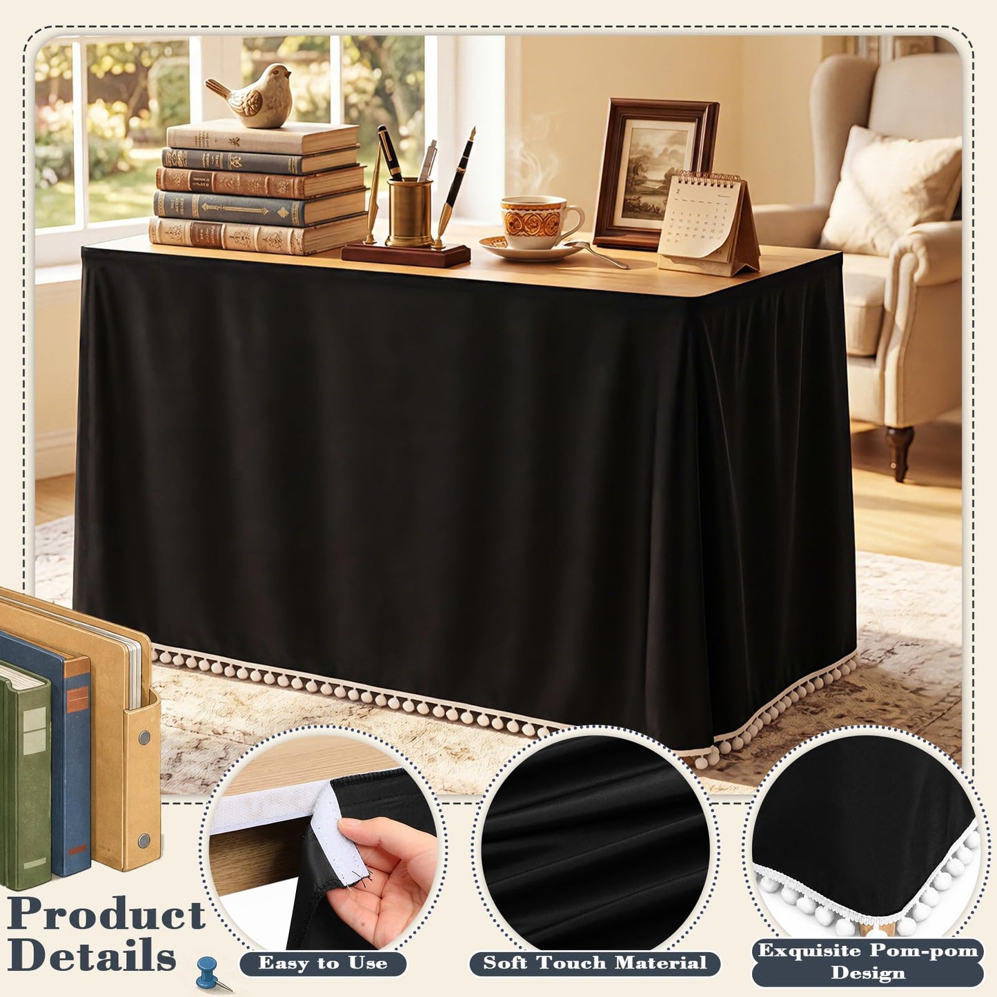Tudomro Teacher Table Skirt Ruffled Teacher Desk Tablecloth 72" x 30" Ruffle Desk Skirt for School Classroom Office Rectangle Round Table Cover Dessert Decor(Tassel,6ft,Black)