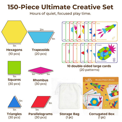 3 otters Wooden Pattern Blocks Shapes for Kids, Geometric Tangram Puzzle with Activity Cards, 150 PCS Educational Toy