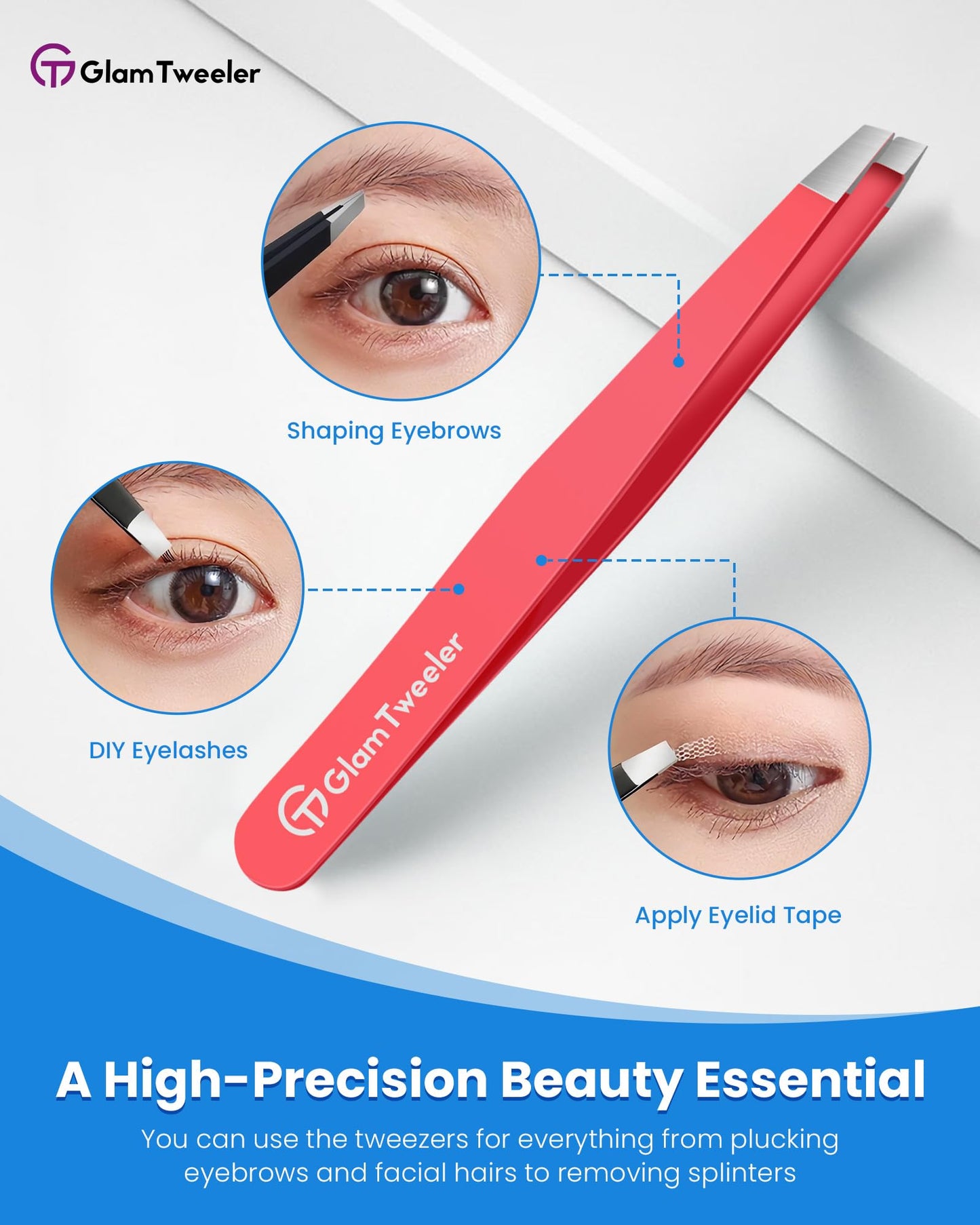 Expert Eyebrow Hair Removal Tweezer with Leather Case, GlamTweeler High Precision Slant Tip Stainless Steel Tweezers for Men and Women (Hot Pink)