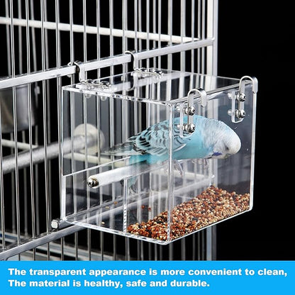 No Mess Bird Feeder for Cage - Automatic Bird Feeder Transparent Food Container Acrylic No Spill Cage Seed Catcher with Stainless Steel Hooks for Parrot Parakeet Cockatiels Lovebirds