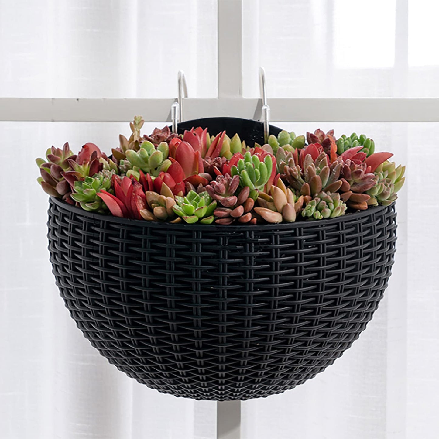 Hanging Planter Pot, Wall and Railing Hanging Planters with S Hooks, Half Round Imitation Rattan European Style Wall Flowerpot Rustic Decorative Flower Basket for Home Balcony Garden(#26*20.5cm Khaki)