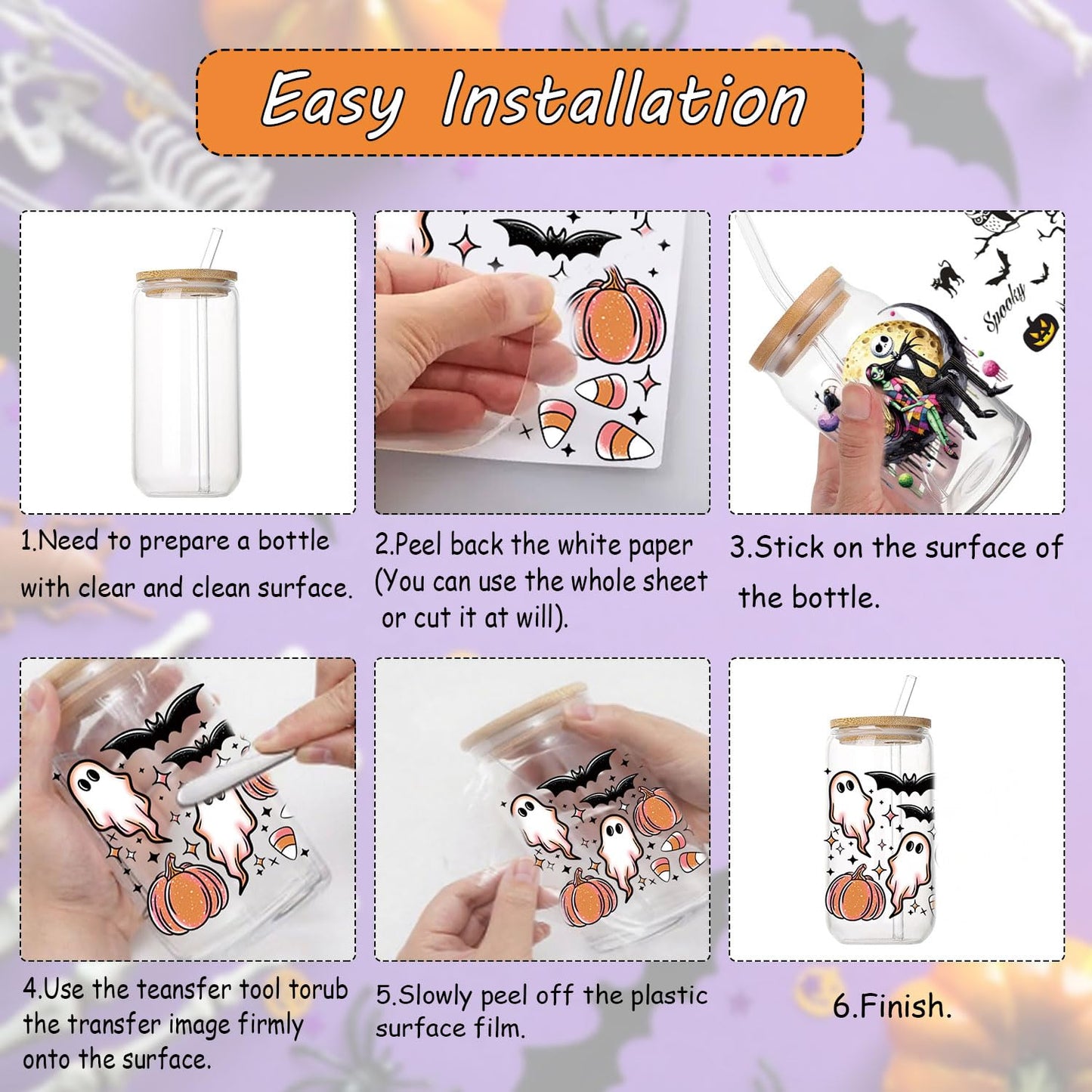 10 Sheets Halloween UV DTF Transfer Stickers for Glass, Cute Ghost Flower Rub on Transfers for Autumn Cup Wrap Crafts Funny No Heat Needed Ready to Apply