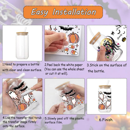 10 Sheets Halloween UV DTF Transfer Stickers for Glass, Cute Ghost Flower Rub on Transfers for Autumn Cup Wrap Crafts Funny No Heat Needed Ready to Apply