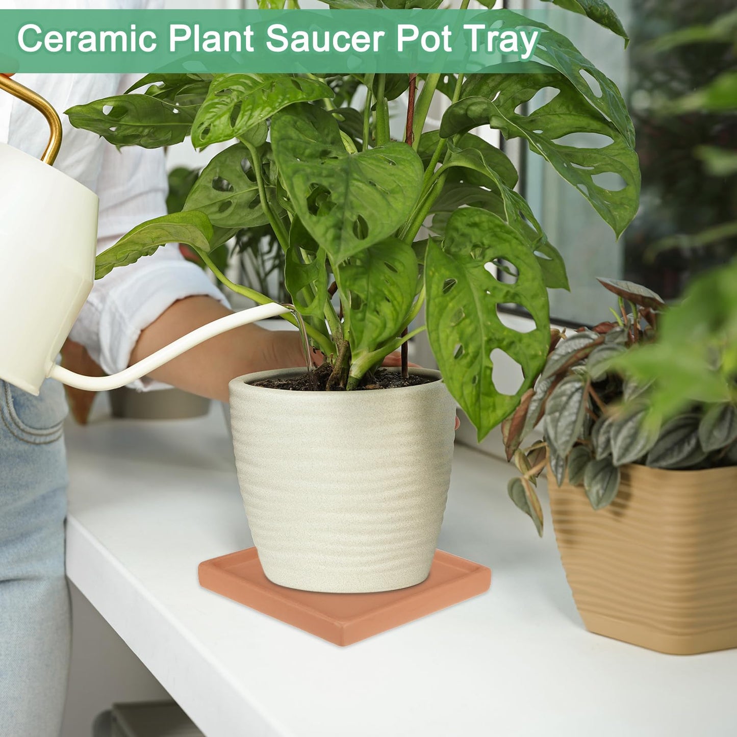 M METERXITY 2-Pack Ceramic Plant Saucer, 5 Inch Plant Water Catcher Tray, Plant Pot Saucers for Indoor/Outdoor Plants/Flower Drainage Drip Water Tray [Square Dark Orange]