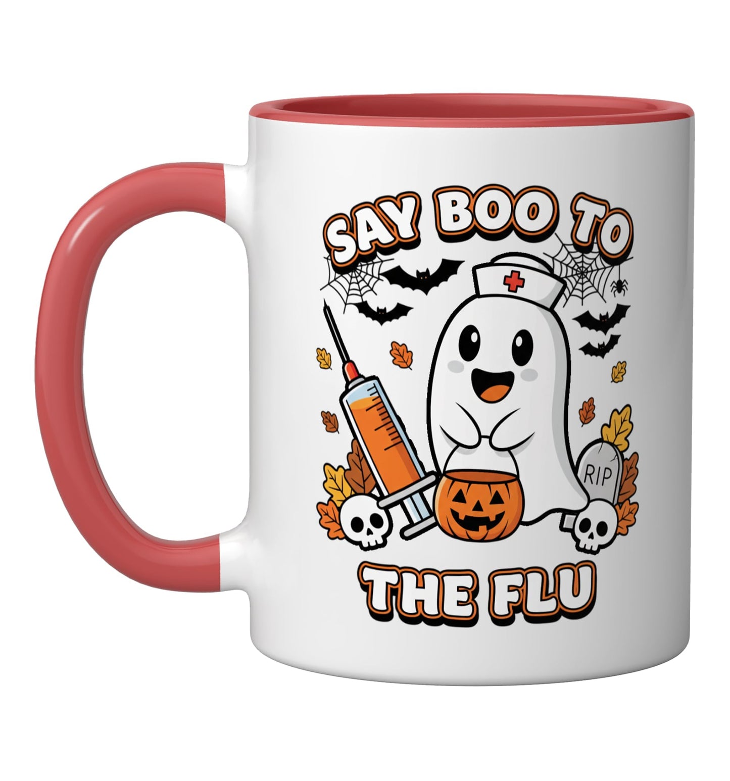 Doctor Say Boo To The Flu Halloween Vaccine Squad Ceramic Mug, Red/White