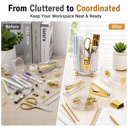 Office Desk Accessories Supplies - 11 Pcs Gold Desk Decor Set with 360-Degree Rotating Pen Holder, Women Cute Aesthetic Office Essentials Kit, Stapler Tape Dispenser, Acrylic Gift for School Home Work