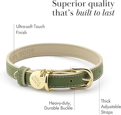 NINA WOOF Copenhagen Leather Dog Collar - Handmade with Vegan Soft Leather Round Padded Collar with Adjustable Buckle for Dogs - Color Olive, Medium