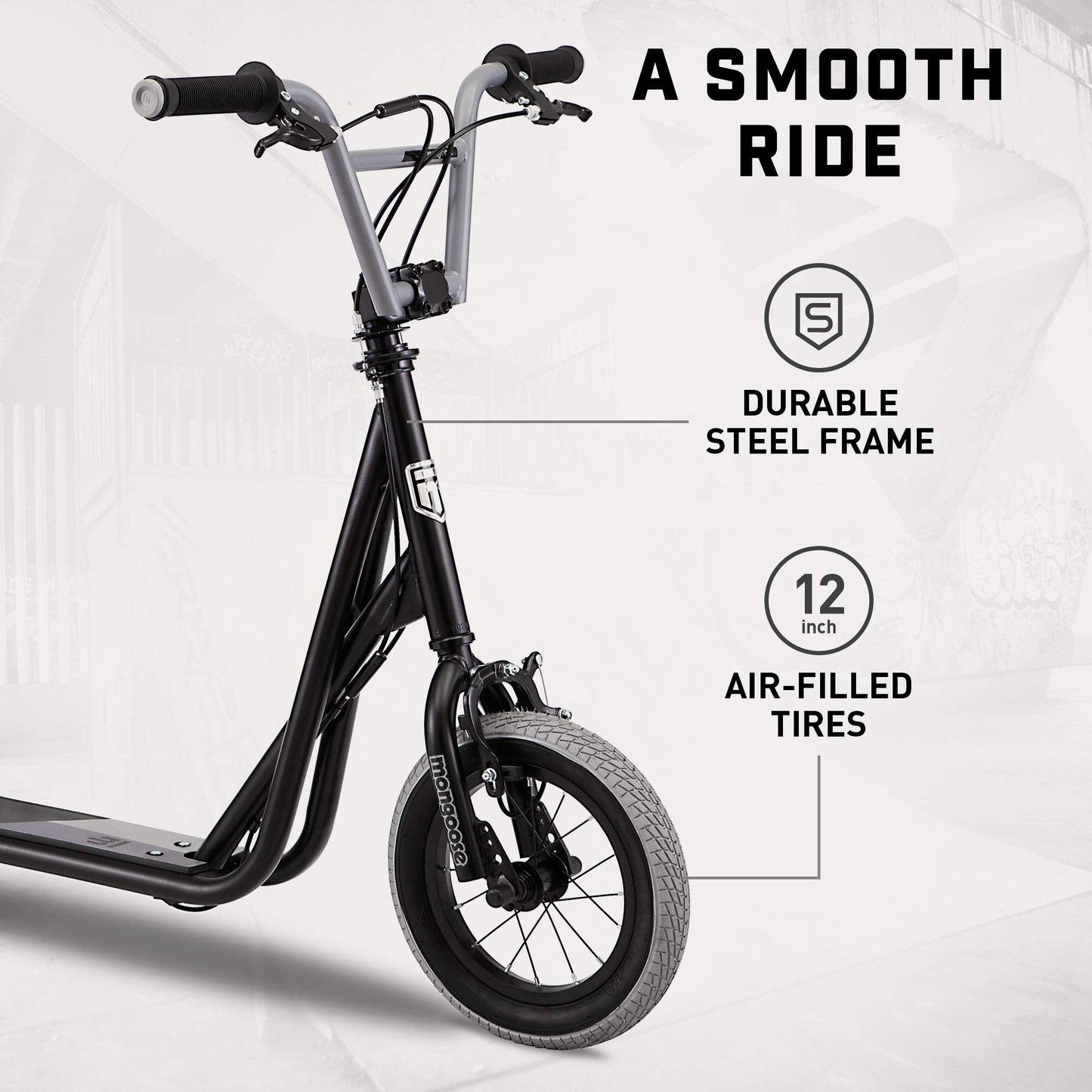 Mongoose Trace Air Non-Electric Scooter for Youth Boys Girls Age 8+ Year Old, Max Weight 220 lbs., 12-Inch Air Tires, BMX-Style Handlebar, Wide Foot Deck, Black
