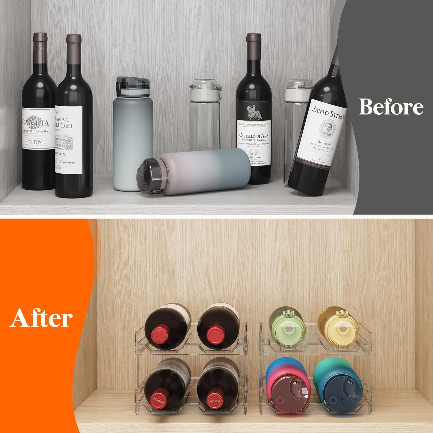 Lifewit Plastic Stackable Wine Rack for refrigerator, Cabinet, Countertop,Wine Bottle Holder, Water Bottle Organizer for Fridge, Pantry, Hold 4 Bottles
