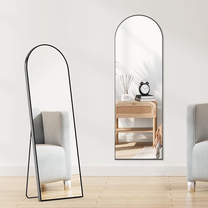 OLIXIS Arched Full Length Mirror 59"x16.3" for Bedroom, Full Body Mirror with Stand, Hanging or Leaning for Wall, Aluminum Alloy Thin Frame Floor Standing for Living Room, Long, Black