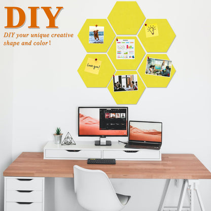 HULAVO Large Hexagon Felt Cork Board Tiles, Self Adhesive DIY Felt Bulletin Board Pin Board with 35 Pushpins for Office School Home Wall Decor Stickers Memos Photos Display(Yellow)