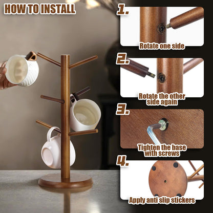WERJOURU Mug Holder Tree,Coffee Cup Tree for Counter with 6 Hooks, Mug Holder for Counter Top，Coffee Bar Accessories and Decor，Jewelry Pendant(Brown)