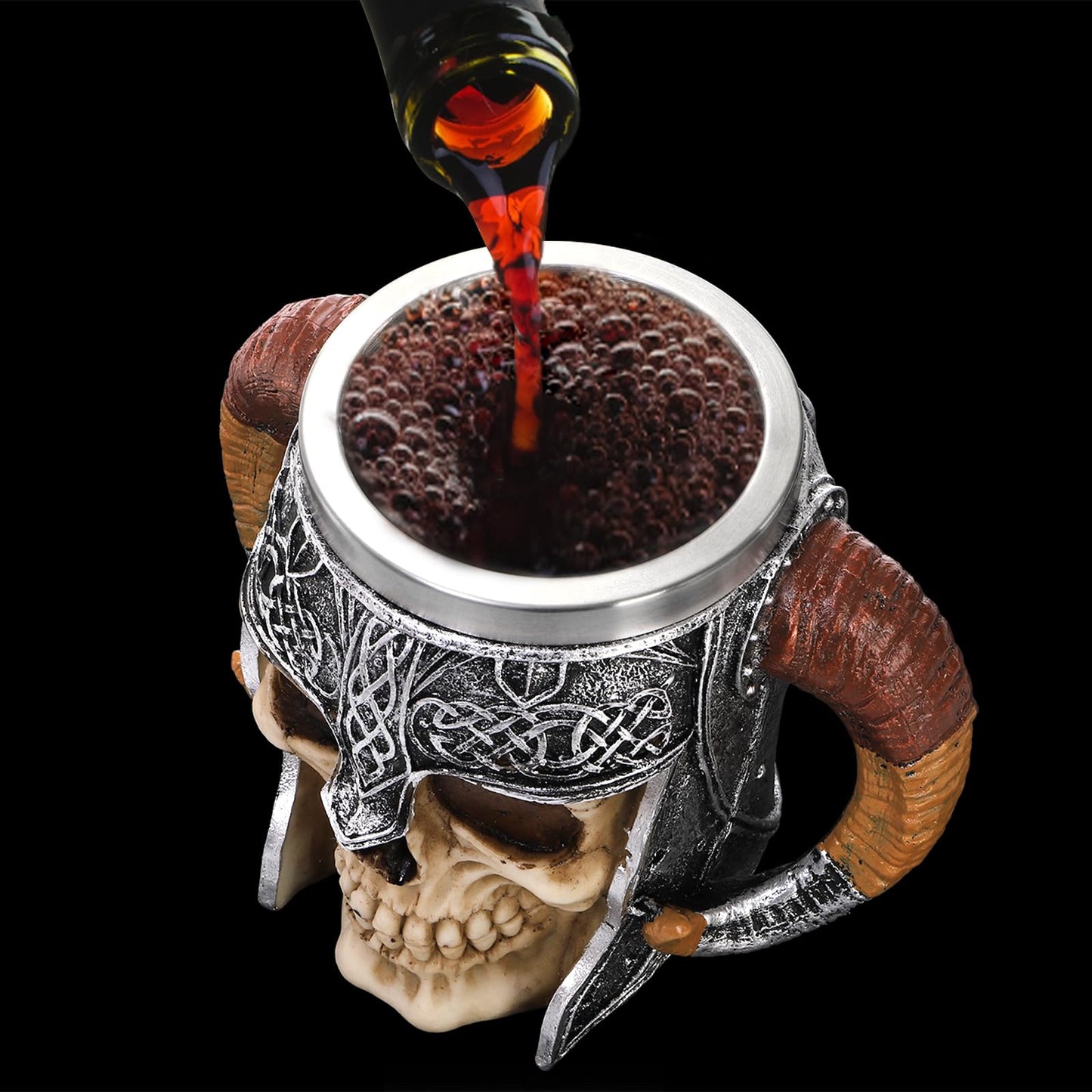 Tlence Stainless Steel Skull Mug, 18 OZ Halloween Viking Drinking Cup, Large Skeleton Resin Beer Stein Tankard with Double Handles, Bar Drinkware Medieval Decoration for Coffee, Tea, Novelty Gifts