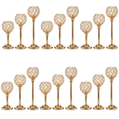 HearthLume Candle Holder Candlestick Holders- 6Set Gold Crystal Pillar Candle Holders,Metal Candlestick Stands for Wedding Centerpieces,Table Decor for Church,Valentine's Day Housewarming Gift,18Pcs