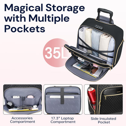 Ytonet Rolling Briefcase for Women, 17.3 Inch Rolling Laptop Bag with Lock, Water Rresistant Wheeled Computer Bag with Insulated Pocket, Roller Bags for Work Travel Overnight Teacher, Black