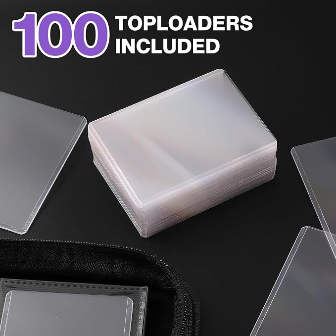 Toploader Binder, Holds 160 Toploaders, 100 Toploaders INCLUDED, 4-Pocket PU Cover Top Loader Binder for 3" x 4" Rigid Toploader, Ringless Double-Sided Toploader Card Binder for TCG, Sport Cards