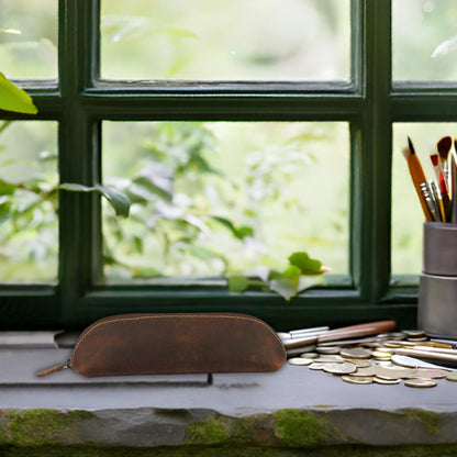 CestAntiQ Leather Zipper Pencil Case – Handmade Slim Pen & Marker Pouch, Small Pencil Organizer for Notebook, Office, Work & Travel, Premium Leather Tool Holder for Artists & Professionals