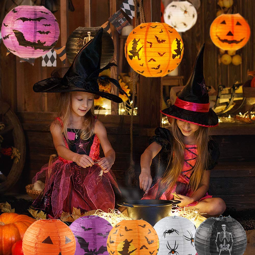 10PCS Halloween Paper Lanterns, Hanging Jack-O'-Lantern Spider Skeleton Pumpkin for Halloween Party Decor, Indoor & Outdoor Spooky Home Decor - 10 Inches