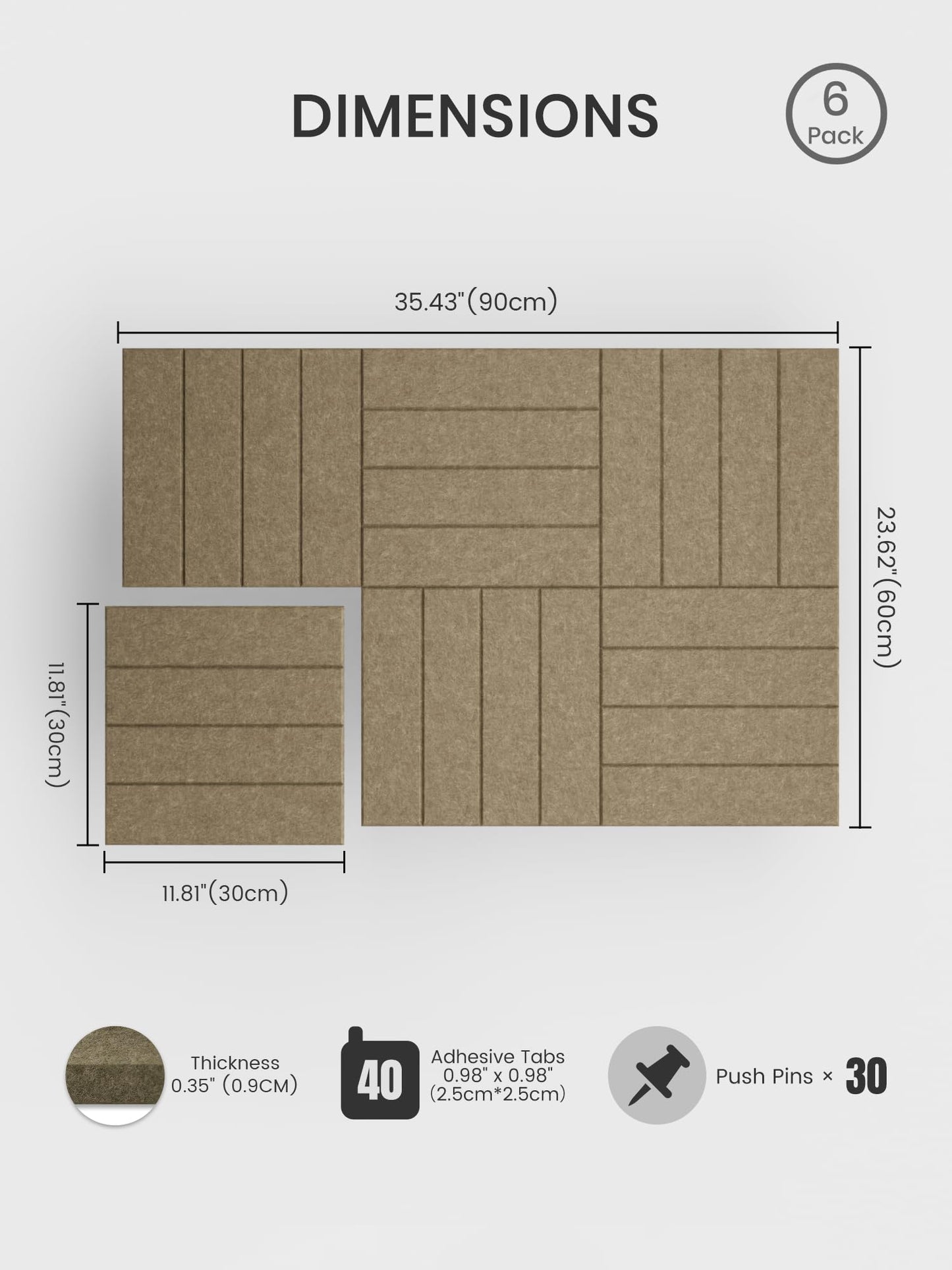 Bumusty Large Cork Board Alternative-36 x 24" Felt Bulletin Board Tiles, with 30 Pushpins, 40 Adhesive Tabs, Bold-Stripe 6-Pack, Cork Boards for Office Push Pin Board Felt Board-Earth Brown