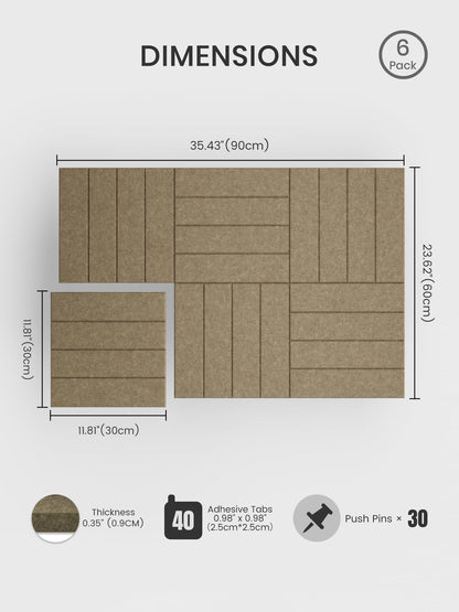 Bumusty Large Cork Board Alternative-36 x 24" Felt Bulletin Board Tiles, with 30 Pushpins, 40 Adhesive Tabs, Bold-Stripe 6-Pack, Cork Boards for Office Push Pin Board Felt Board-Earth Brown