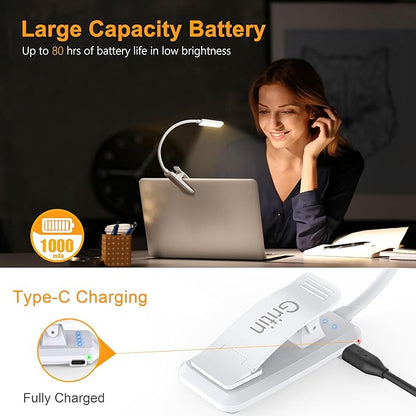 Gritin 9 LED Rechargeable Book Light for Reading in Bed -Eye Caring 3 Color Temperatures,Stepless Dimming Brightness,80 Hrs Runtime Small Lightweight Clip On Book Reading Light for Studying-White