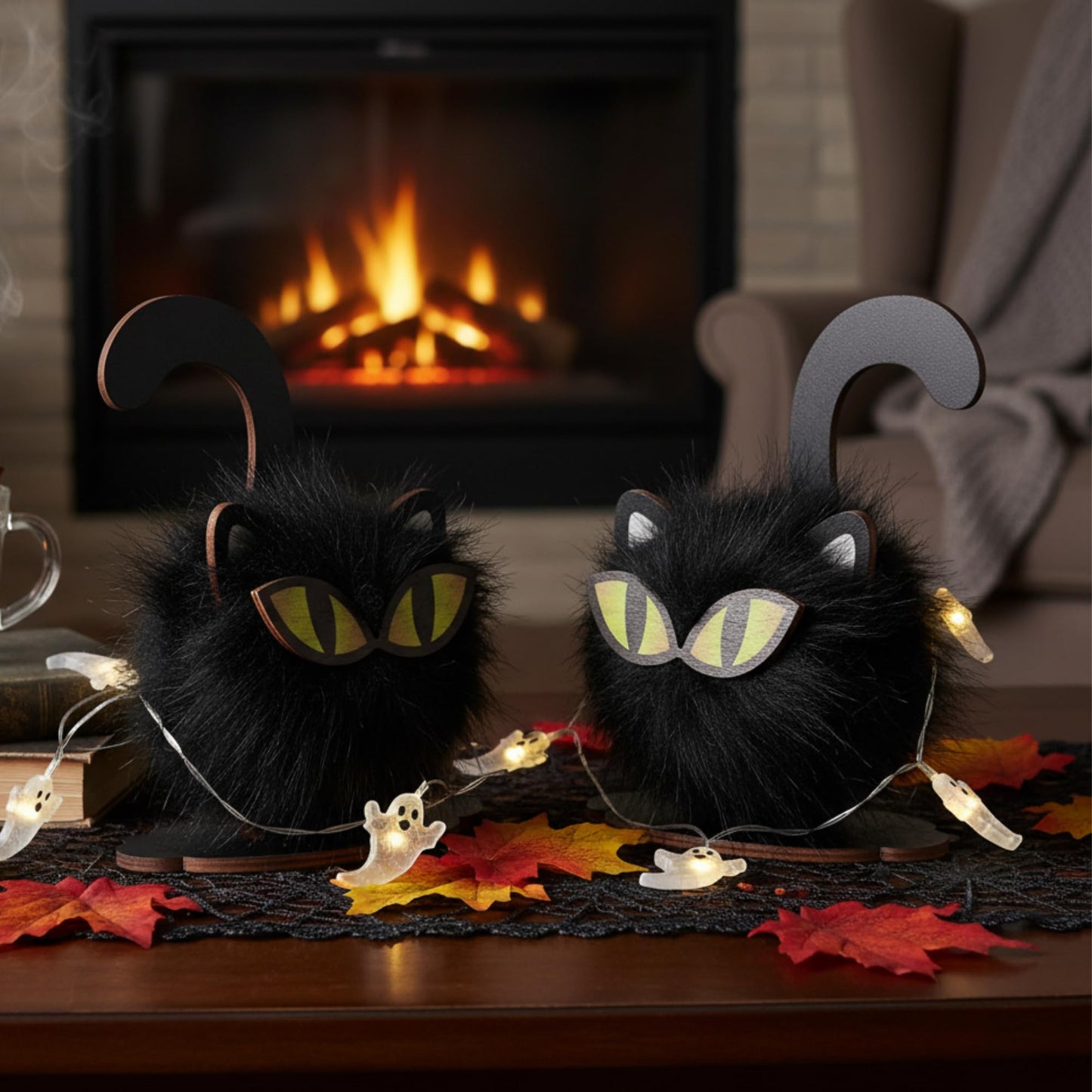 HH Family Halloween Table Decor Black Cat 2 Pack, Rustic Wooden Decorations for Tabletop Tiered Tray Shelf or Mantel