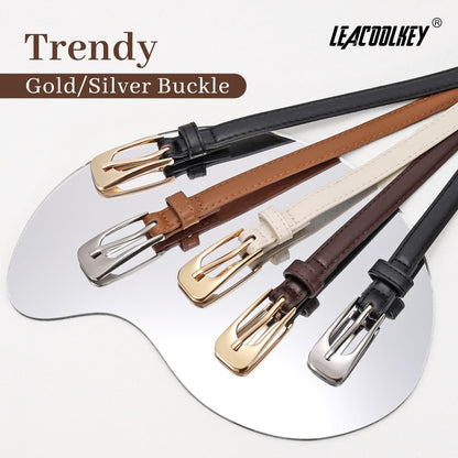 LEACOOLKEY 2 Pack Women Thin Leather Belts Ladies Skinny Waist Belt for Dresses Jeans 0.55" Width