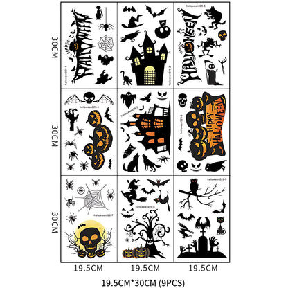 Halloween Wall Decals Stickers, Black Haunted Castle Pumpkin Skeleton Window Clings, Removable Spooky Spider Web Witch Silhouette Wall Stickers for Party Home Decor