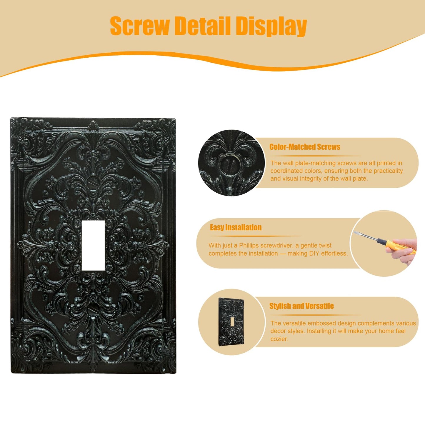 Spshian Decorative Light Switch Plate Covers Black Flower Elegant 3D Floral Embossed 1 Gang Light Switch Cover Plate Single Toggle Wall Plate Outlet Covers Faceplate for Bedroom Home Decor