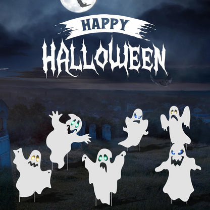 OuMuaMua Outdoor Halloween Decorations Signs - 6pcs Ghost Decor Halloween Yard Signs with Stakes LED Light Up Eyes for Garden Yard Scary Decorations Outside