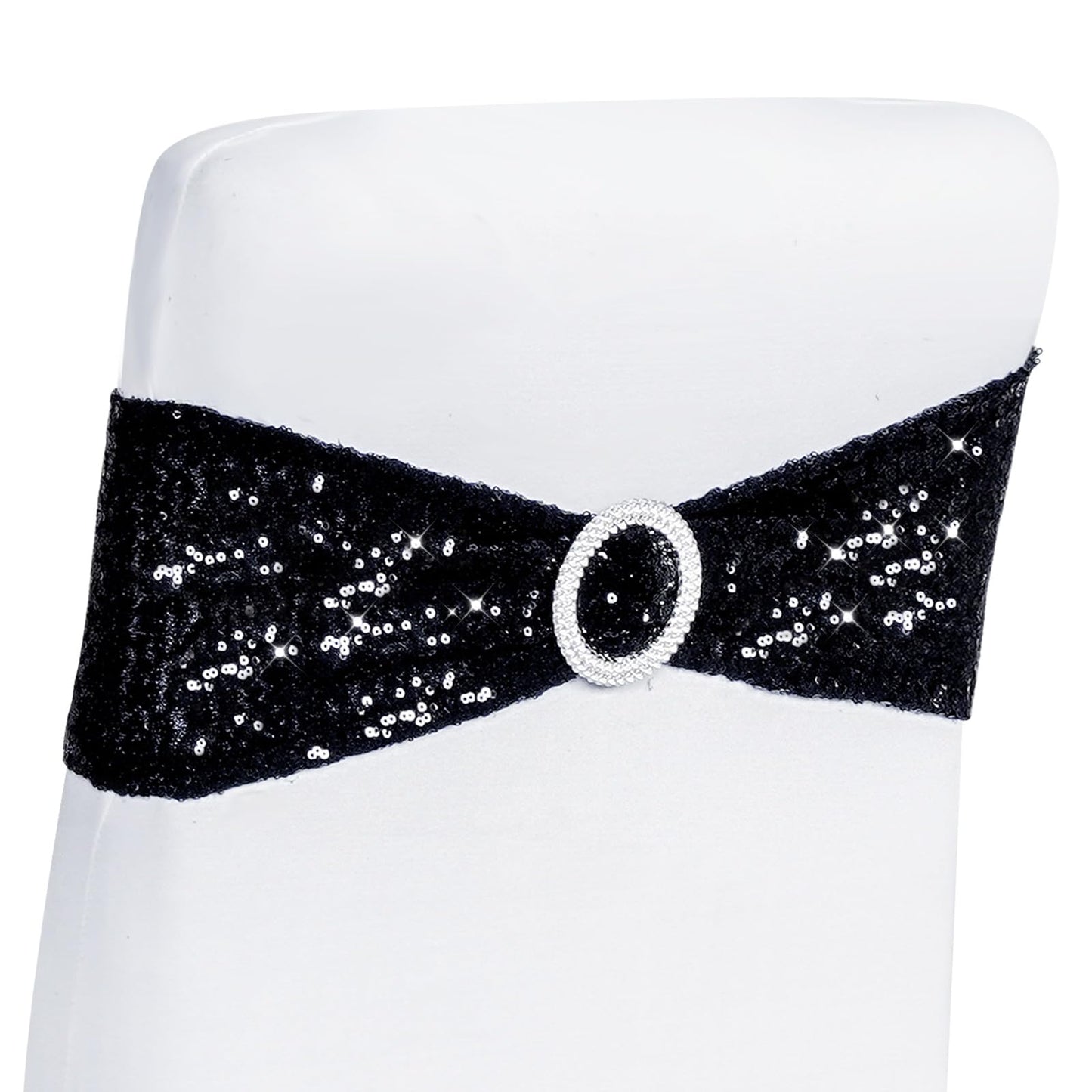 Poise3EHome Pack of 10 Black Sequin Chair Sashes, Double Sided Glitter Stretchy Chair Bands with Buckle for Home Party Bridal Shower Wedding Banquet Reception Decorations